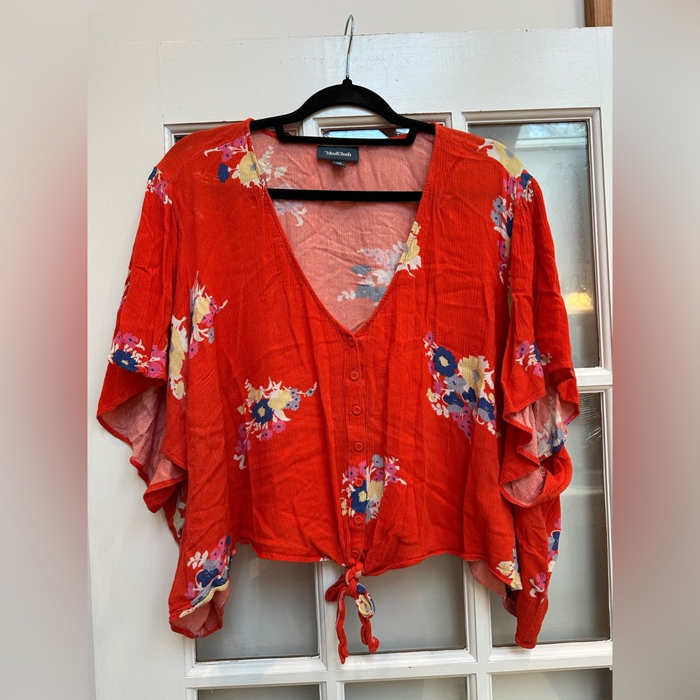 ModCloth Cropped Breezy Tendency Top Red Orange Floral Front Tie Plus Size 4X - Picture 4 of 15